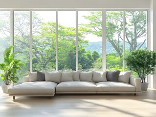 Cozy and inviting modern Japanese inspired living room with a large comfortable sectional sofa and minimalist stylish decor