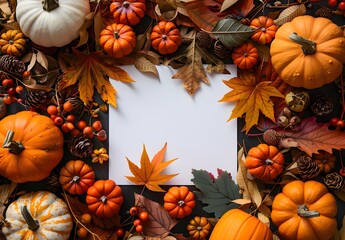 Wall Mural - autumn leaves & pumpkins frame blank card