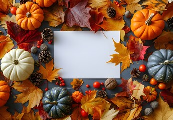 Wall Mural - autumn leaves & pumpkins with white card mockup