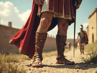 Close-Up of Confident Roman Soldier in Detailed Armor and Brown Leather Sandals on Dirt Path with Grass, Capturing Traditional Attire, Flowing Red Cape, and Historical Atmosphere Under Soft Natural