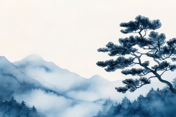 Wall Mural - Serene Watercolor and Ink Painting of Peaceful Natural Elements