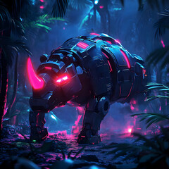 Wall Mural - Cybernetic Rhino Illustration in a Tropical Forest