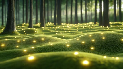 Sticker - A forest with many lights on the ground and trees, AI