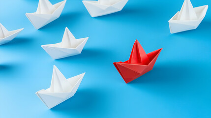 Group of white paper ship in one direction and one red paper ship pointing in different way. Be Creative Concept.