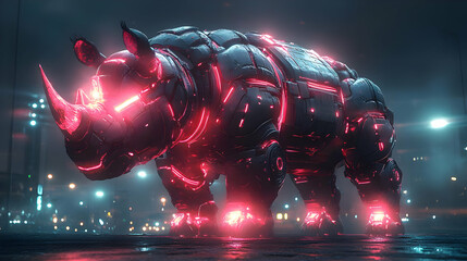 Wall Mural - Cyberpunk Rhino 3D Illustration - Neon Lights