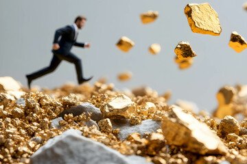 The chase for wealth and money concept. A businessman running after gold nuggets falling.