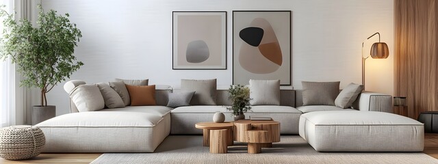 Elegant and cozy modern living room with neutral colored sofa pillows and wooden coffee table  The space features minimalist artwork a floor lamp and potted plants