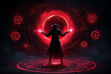 A dark sorcerer casting a powerful spell under a blood-red moon, surrounded by glowing red and black magical symbols, in a magic fantasy artwork illustration