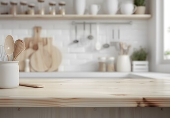 Blurred Kitchen Interior with Wooden Countertop