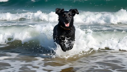 Energetic black dog joyfully splashing through ocean waves