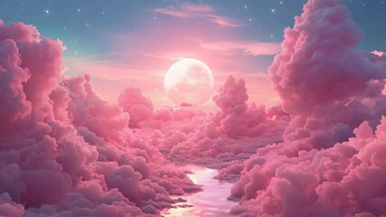 Canvas Print - the sky is filled with pink clouds and a bright pink moon is shining in the middle of the sky. the s