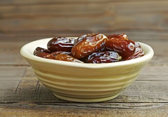 Close-up of Dates in Bowl on Wooden Table