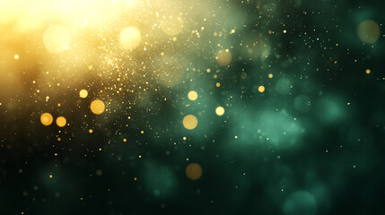 Green gold glow particle abstract bokeh with dark background and copy space, creating a vibrant and shimmering effect ideal for festive and celebratory themes.