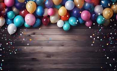 Colorful Balloons & Confetti on Wooden Background