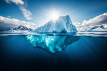 Fototapete - huge white iceberg on the surface of the ocean. block of ice , glacier melting concept. Generative AI