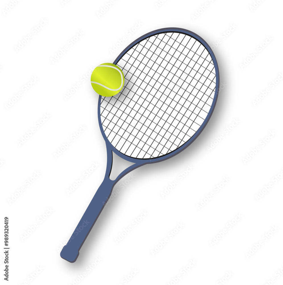 Tennis racket and ball with shadow isolated on white background. Real ...
