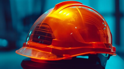 Vibrant Construction Safety Helmet in a Futuristic Setting