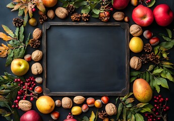 Wall Mural - autumn fruits & nuts chalkboard frame
