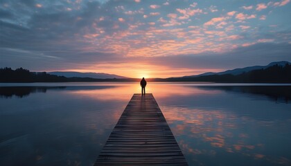 Solitary figure on a dock at sunrise, reflecting tranquility over calm waters