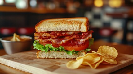 A delicious bacon sandwich with crispy chips, served on a wooden board.