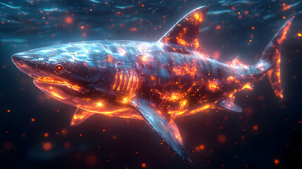 Wall Mural - Fiery Metallic Shark 3D Illustration