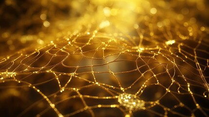 Wall Mural - An intricate web of golden threads, woven tightly together to form a dense, textured backdrop that glimmers mysteriously in the light.