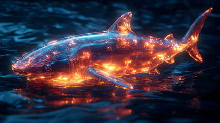 Wall Mural - Abstract 3D Render of a Shark in Water with Glowing Lights