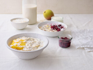 Overnight oats with various toppings. Fitness healthy organic breakfast in a bowl