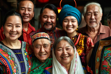 Canvas Print - A group of people are smiling for the camera, with one woman wearing a turban