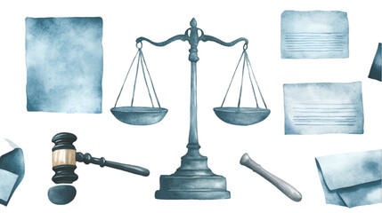 Elegant watercolor clipart collection featuring soft gray and pale blue Scales of Justice, courtroom elements, legal documents, gavel, and lawyer's desk, ideal for legal themes.