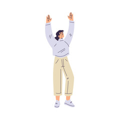 Wall Mural - Young Woman Character Standing with Raised Hands Up Cheering Vector Illustration