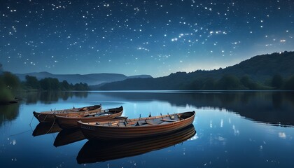 Wall Mural - Serene night on a tranquil lake with boats gliding beneath a starry sky