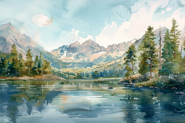 A painting of a mountain lake with a reflection of the mountains in the water