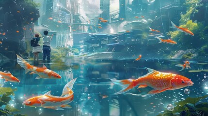 Wall Mural - Fantasy Cityscape with Koi Fish