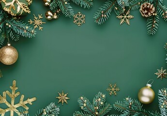 Wall Mural - green christmas background with golden decorations