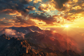 Canvas Print - The sun is setting over a mountain range, casting a warm glow over the landscape