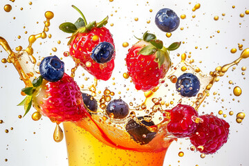 Wall Mural - A glass of fruit juice with strawberries, blueberries, and raspberries