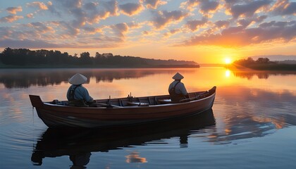 Tranquil sunrise over the lake with two fishermen casting lines from their boat