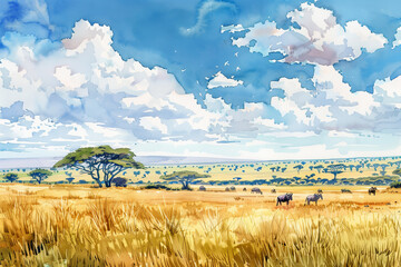 A painting of a savanna with a tree in the foreground