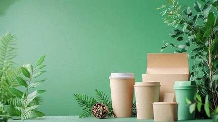 Eco-friendly paper packaging with green plants on a colored background