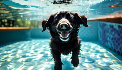 Joyful black dog exploring underwater in a sparkling pool