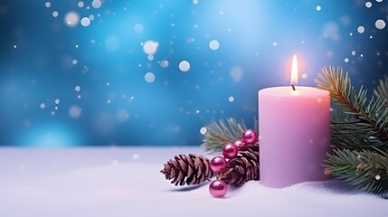 Pink Candle Christmas Background with Pine Branches and Snow