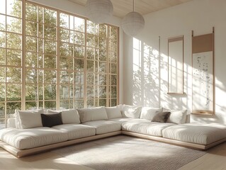 Wall Mural - Bright and airy modern living space with a large L shaped sectional minimalist yet elegant decor and natural light streaming through the large windows