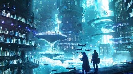 Poster - Futuristic Cityscape with Glowing Lights