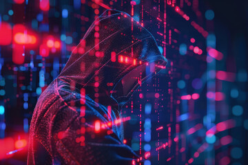 Wall Mural - a person is wearing a hoodie and standing in front of a wall of glowing lights