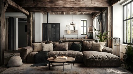 Wall Mural - Cozy and Rustic Living Room Interior Design with Deep Overstuffed Sofa Exposed Beams and Textiles Blending Modern Comforts and Industrial Elements