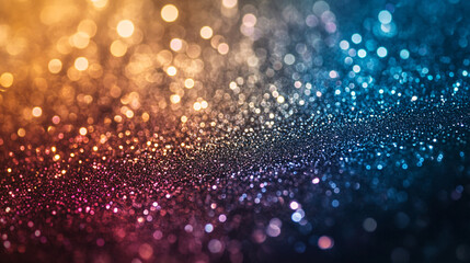 Abstract bokeh background with rainbow gold glow particles on a dark backdrop, featuring vibrant and colorful lights with copy space, perfect for festive and celebratory themes.