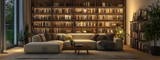 Wall Mural - Warm and Inviting Home Library Interior with Expansive Wooden Bookshelf Filled with Books and Comfortable Sofa for Relaxing Reading Session in Elegant and Cozy Atmosphere