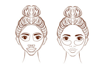 skincare line icons set. woman with problem skin applying pimple patch on her face. acne treatment. 