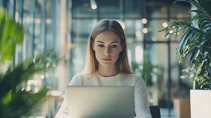 A focused individual working on a laptop in a modern, plant-filled office space.